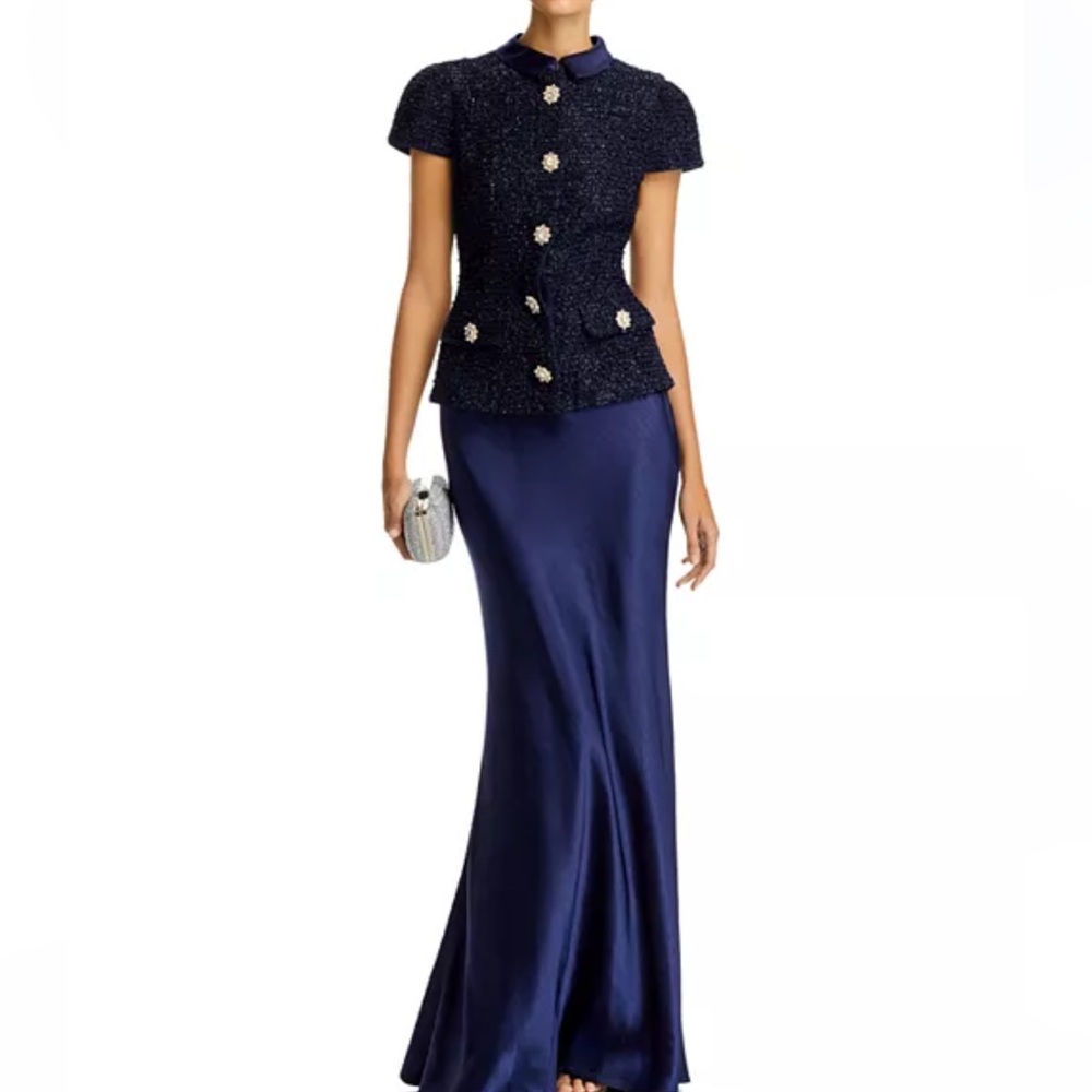 Self Portrait 
Metallic Bouclé Bodice and Satin Maxi Dress